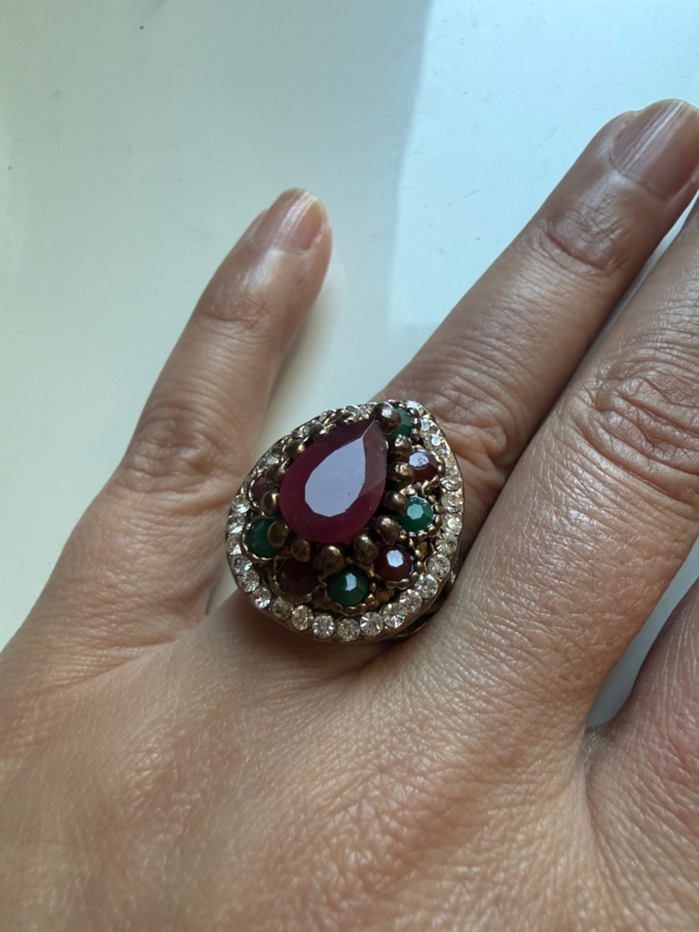 Silver Teardrop Ruby & Emerald Cocktail Ring